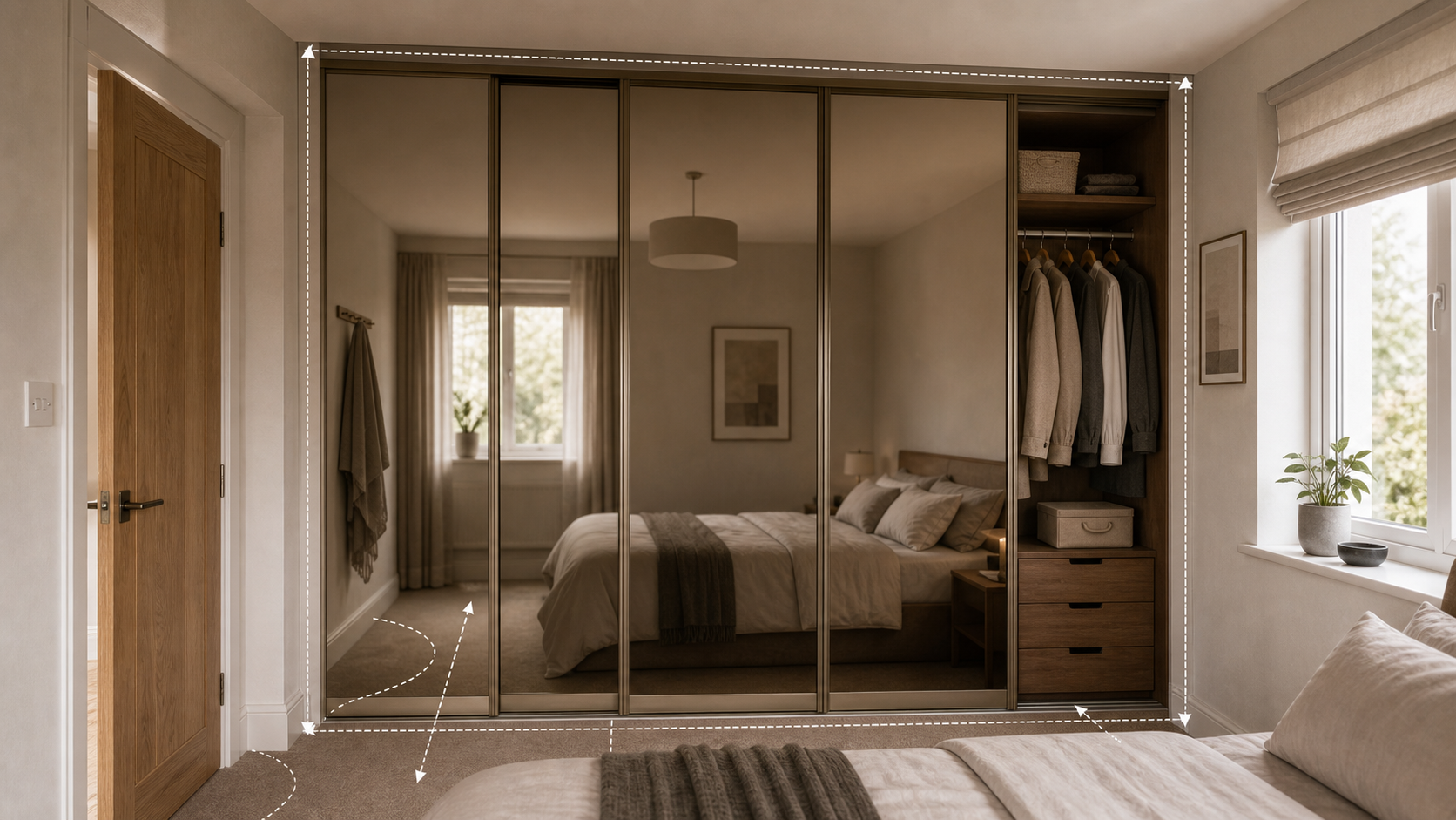 Editorial furniture-planning image for large mirrored wardrobe