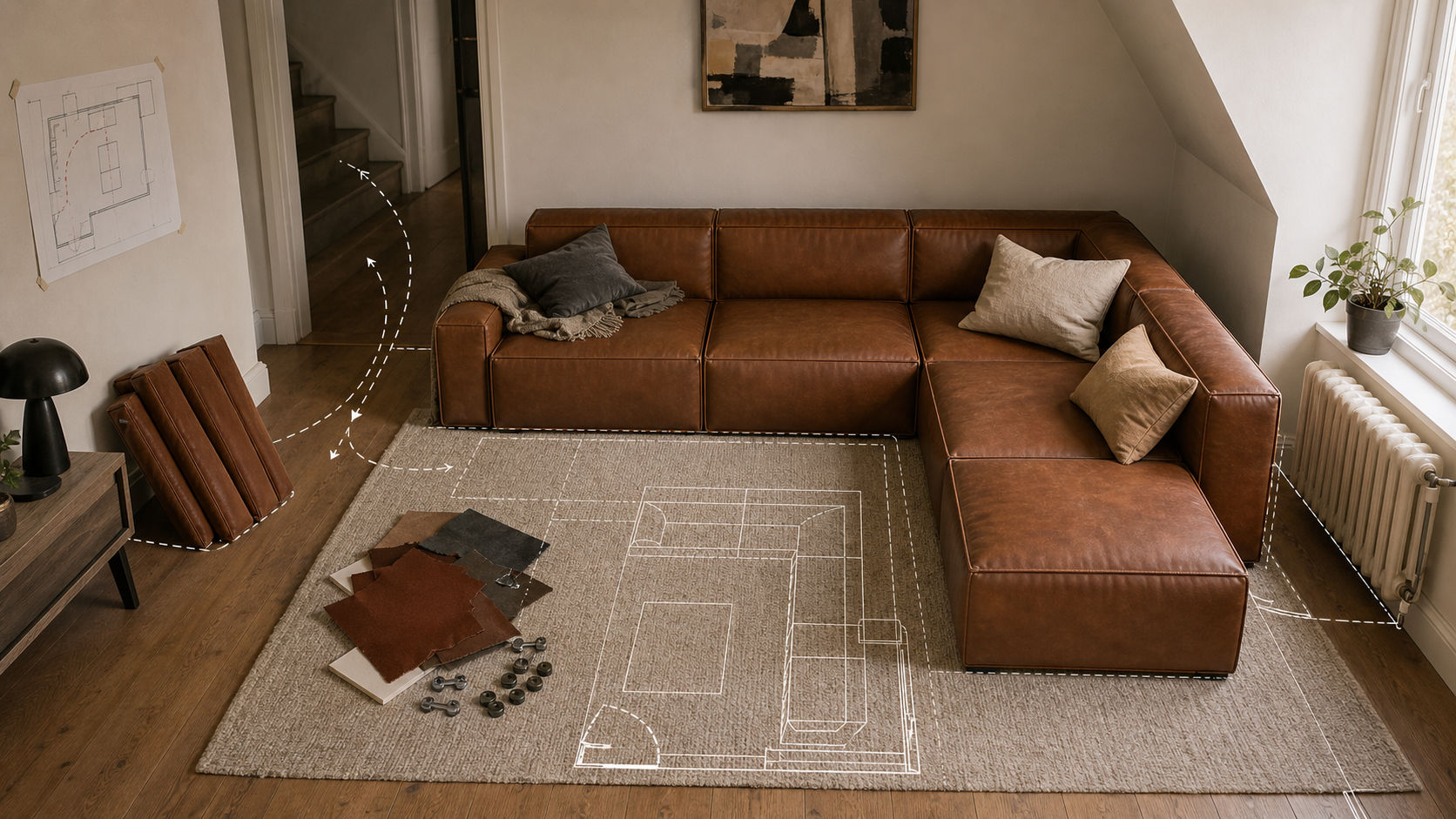 Leather modular sofa planned around an awkward room shape and delivery route
