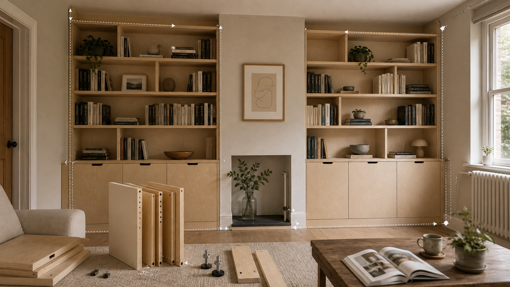 Editorial furniture-planning image for made to measure bookcase