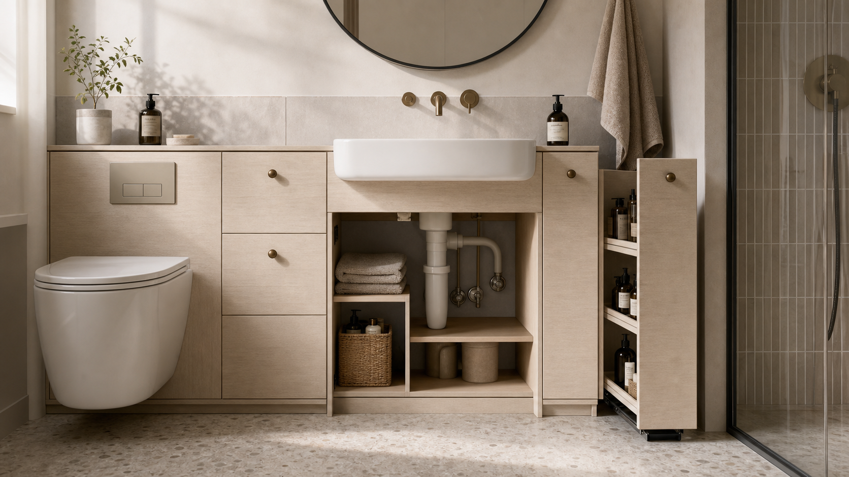 Editorial furniture-planning image for modular bathroom furniture