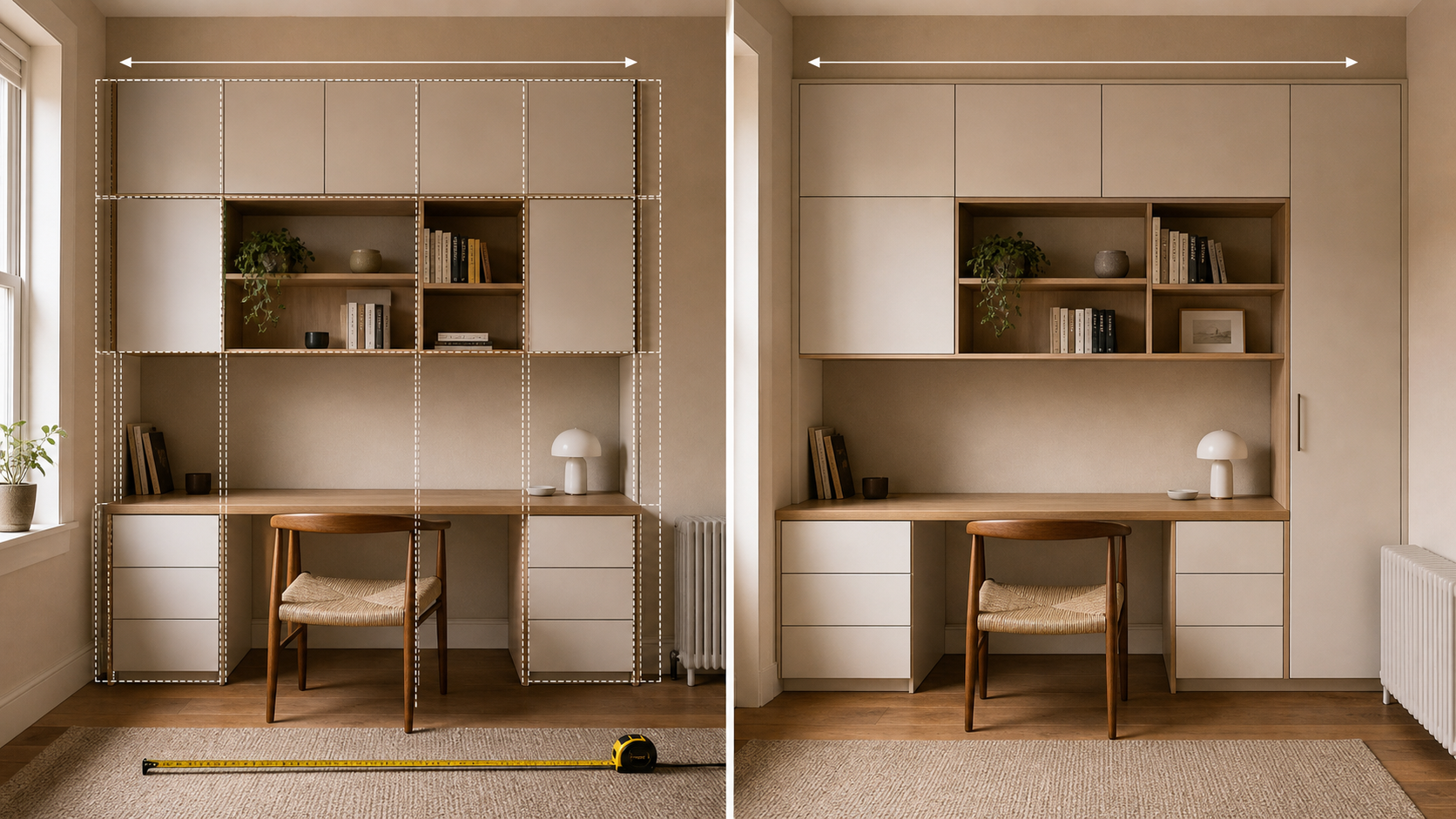 Modular cabinets compared with cut-to-size storage on a home office wall
