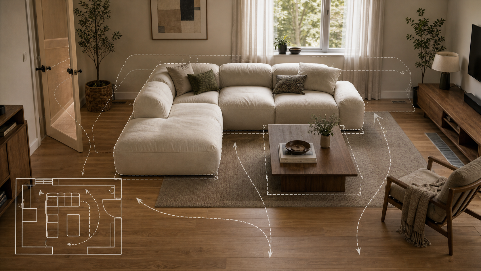 Editorial furniture-planning image for modular cloud sectional