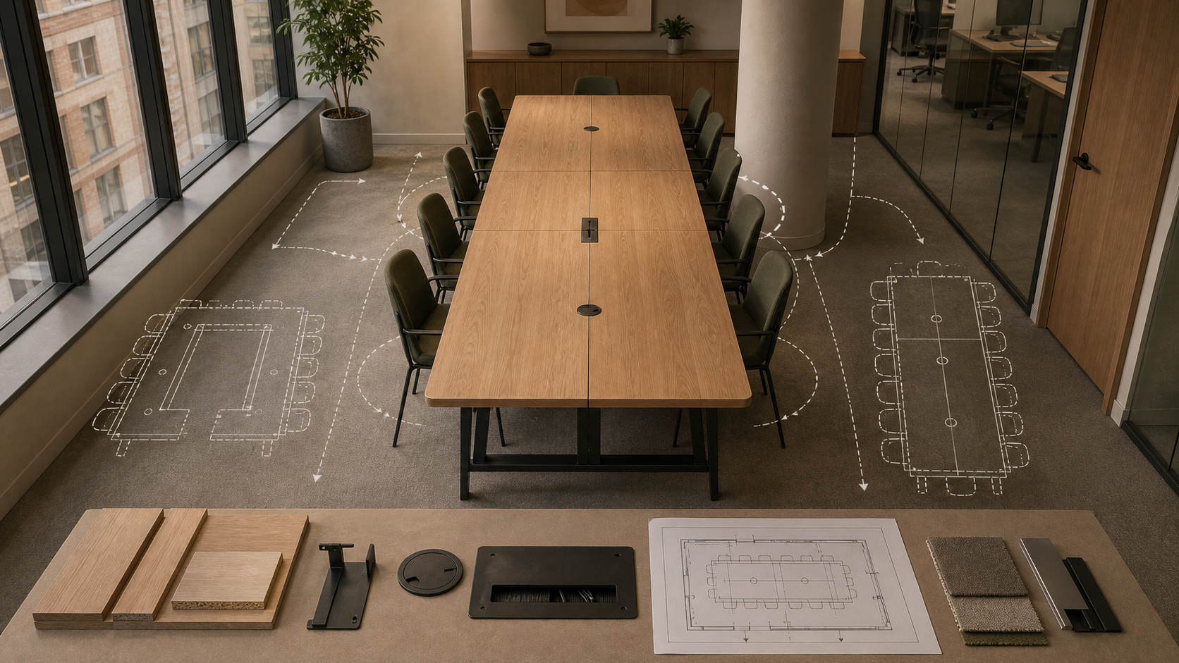 Editorial furniture-planning image for modular conference table