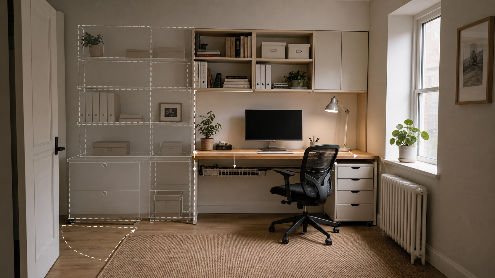 Home office furniture fitted around radiator, window alcove, and door swing