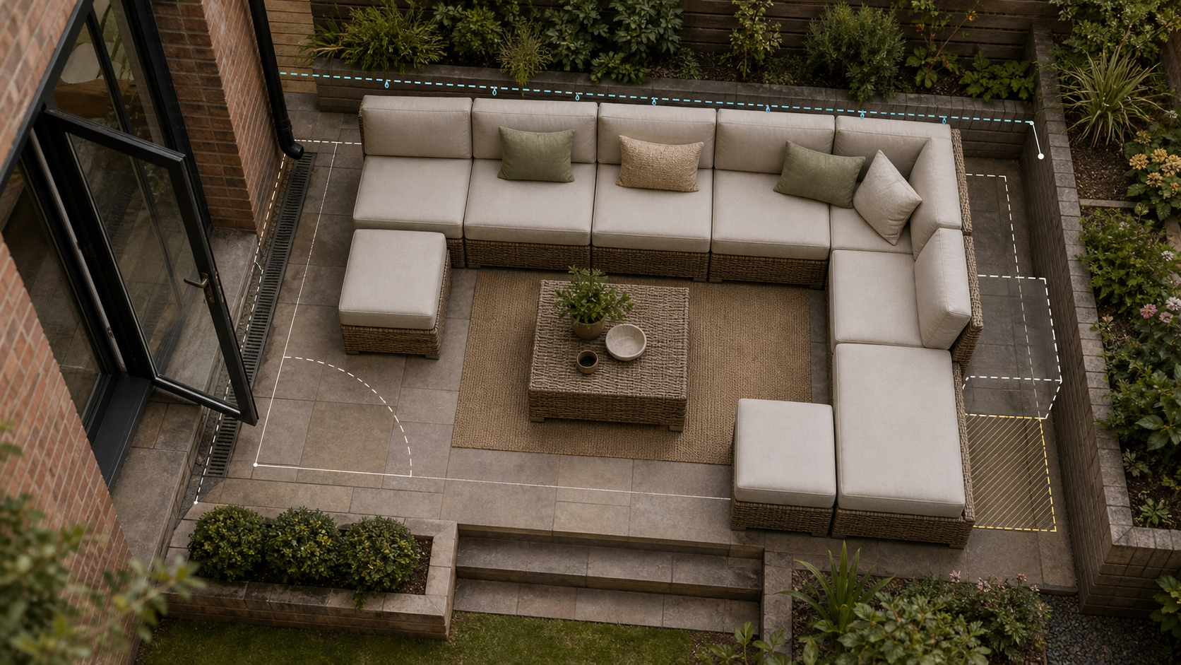 Editorial furniture-planning image for modular rattan garden furniture