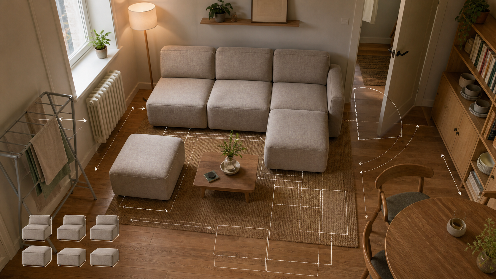 Modular seating pieces arranged around radiator, door swing, and table clearance