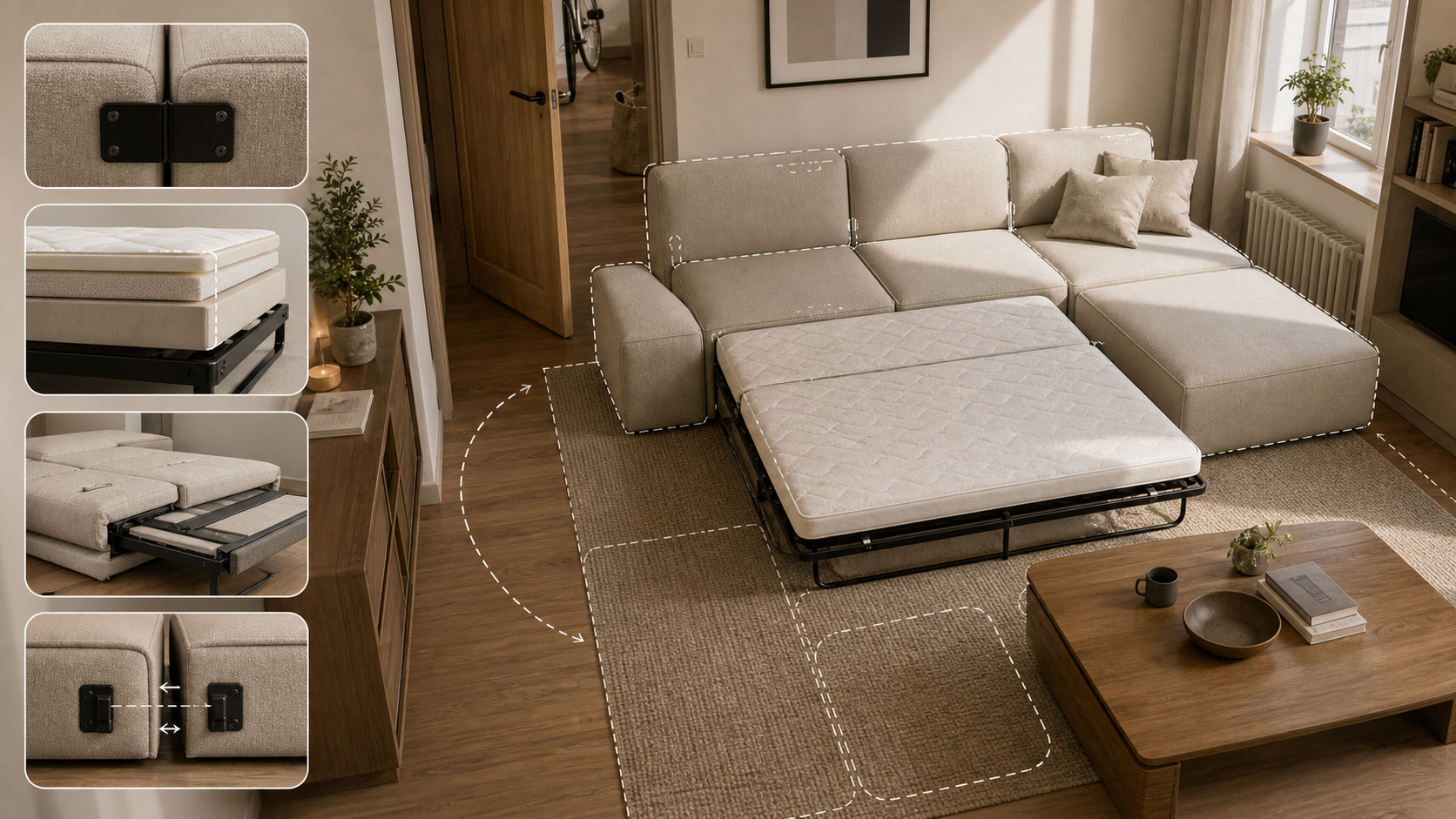 Editorial furniture-planning image for modular sectional sleeper sofa