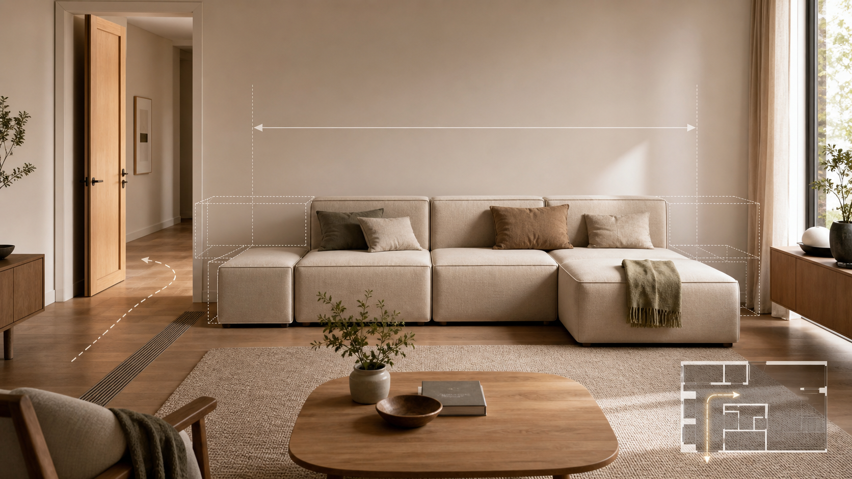 Modular sectional arranged to fit a living room wall with delivery clearance cues