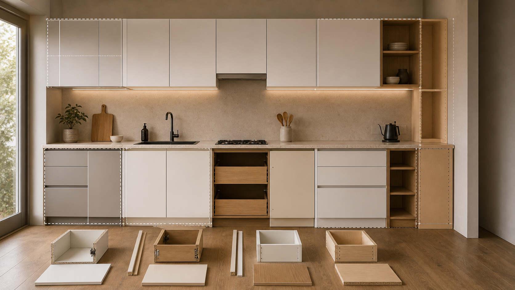 Pre-made and cut-to-size kitchen cabinets compared on the same kitchen wall
