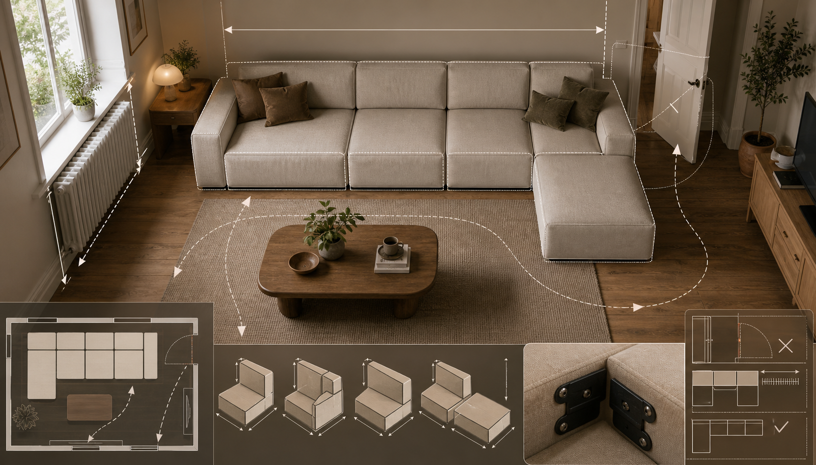 Editorial furniture-planning image for rooms to go modular sectional
