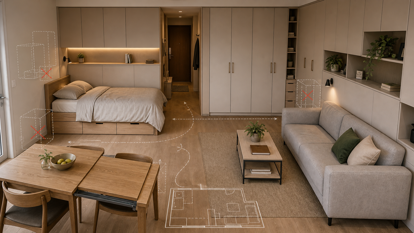Small apartment furniture plan with storage bed, compact sofa, and fitted cabinets