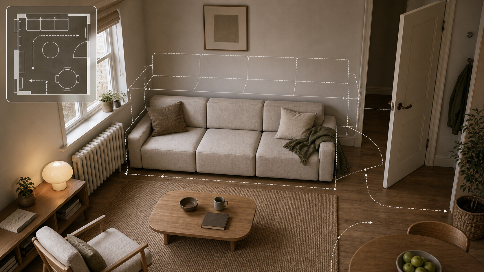 Editorial furniture-planning image for small apartment sofa