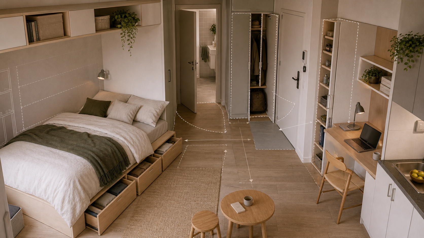 Small studio apartment with fitted storage, under-bed drawers, and clear floor space
