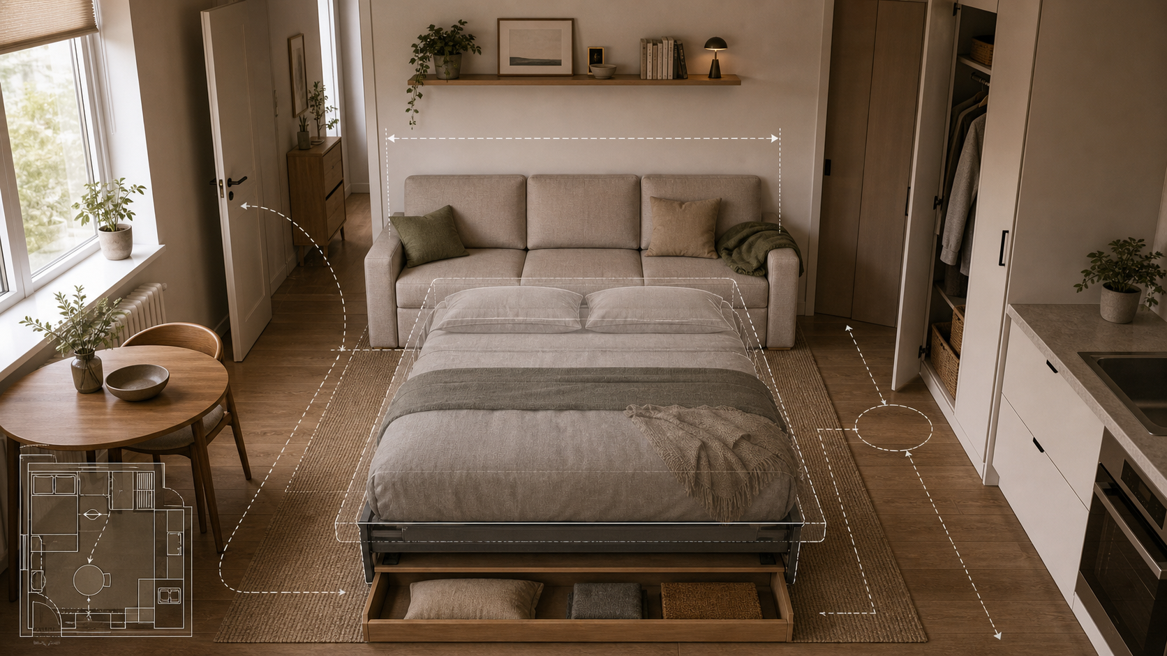 Editorial furniture-planning image for sofa bed for studio apartment