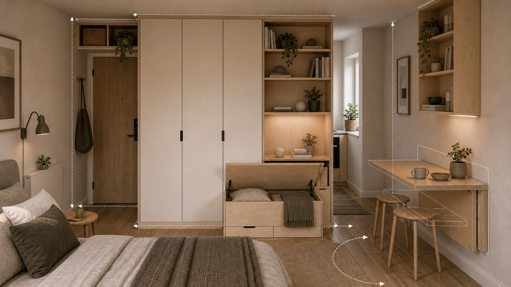 Editorial furniture-planning image for storage solutions for studio apartments