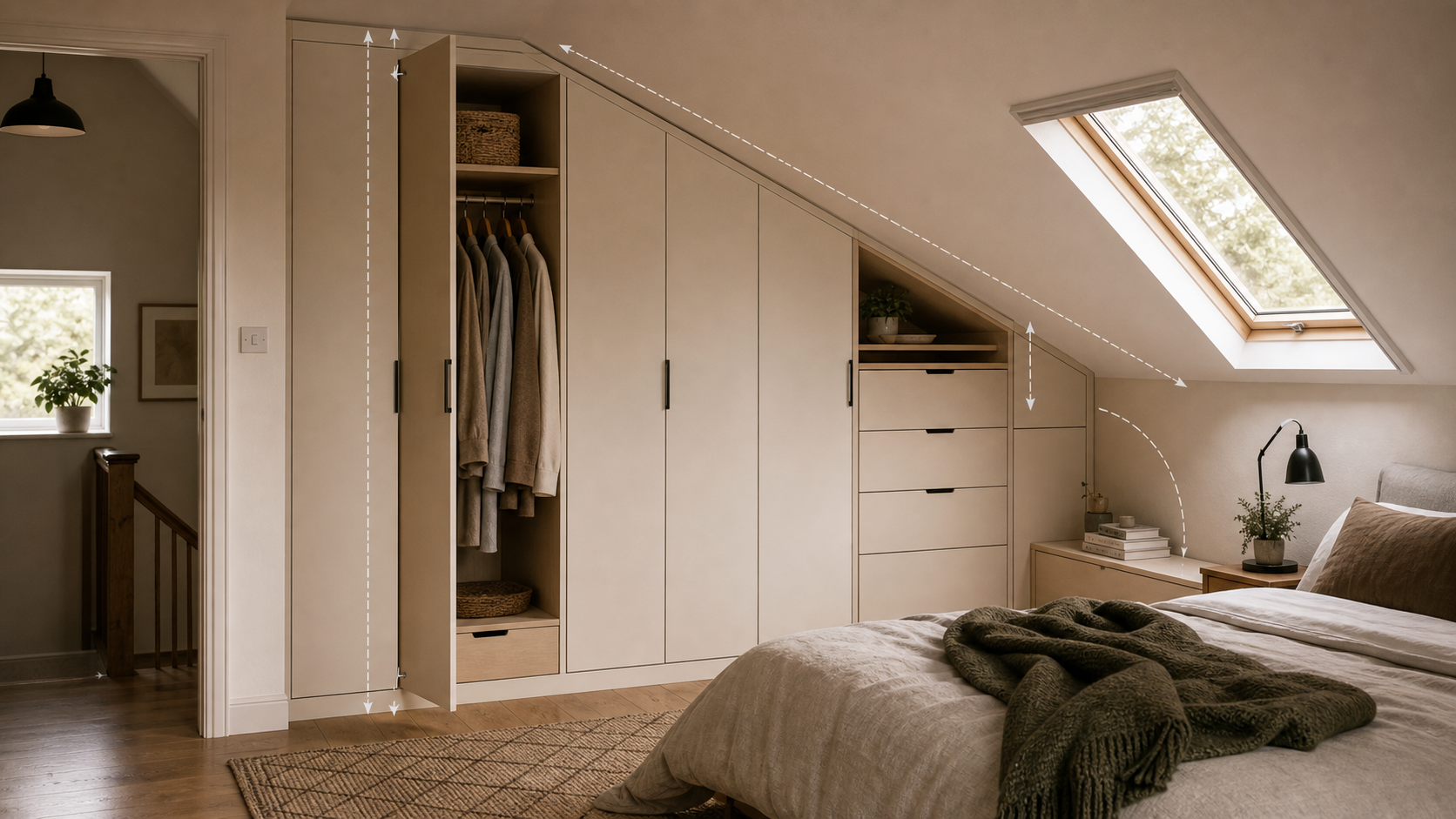 Editorial furniture-planning image for wardrobes for sloping ceilings