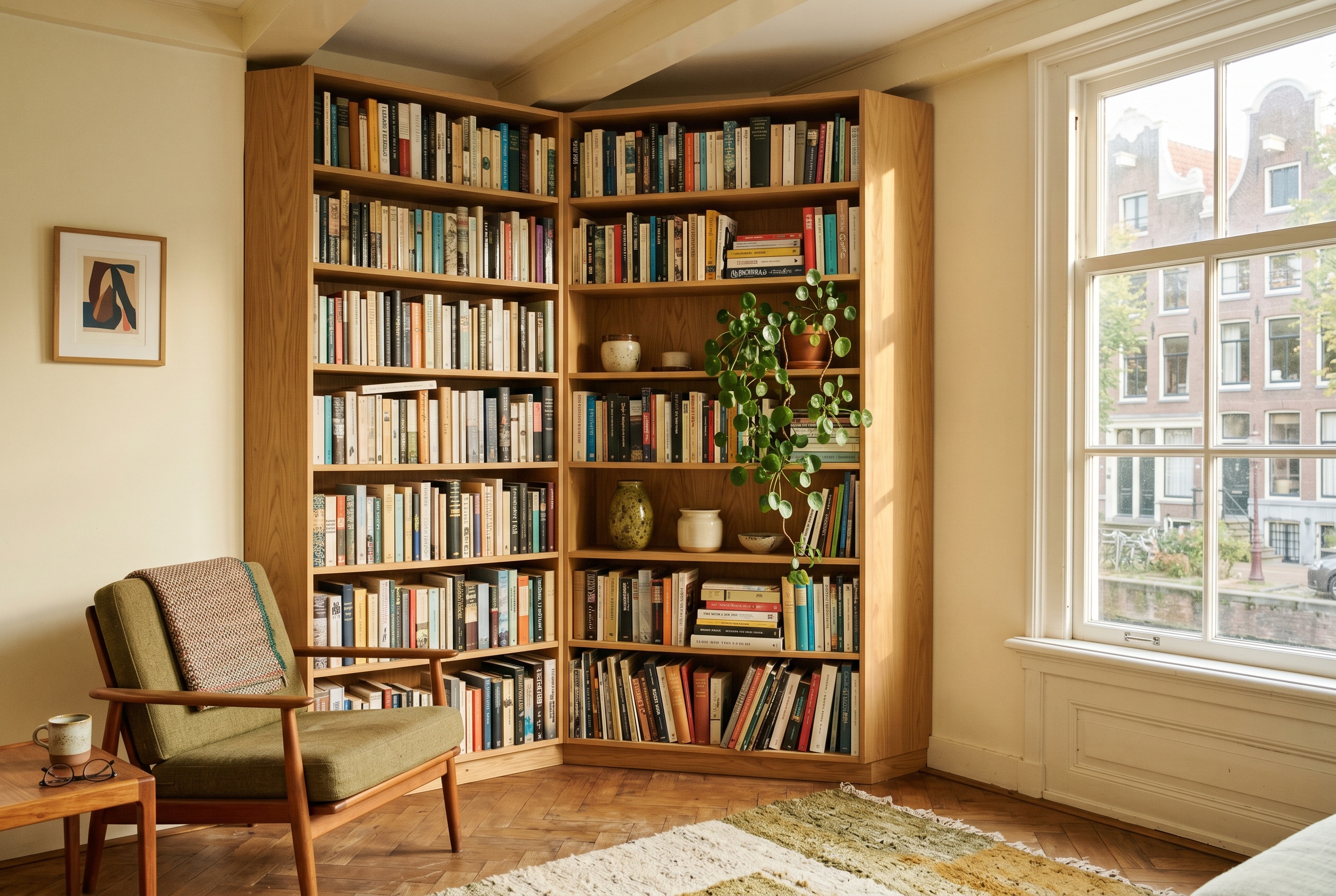 A warm built-in bookshelf in a sunlit Amsterdam apartment, oak shelves bowing under art books and a small lamp.