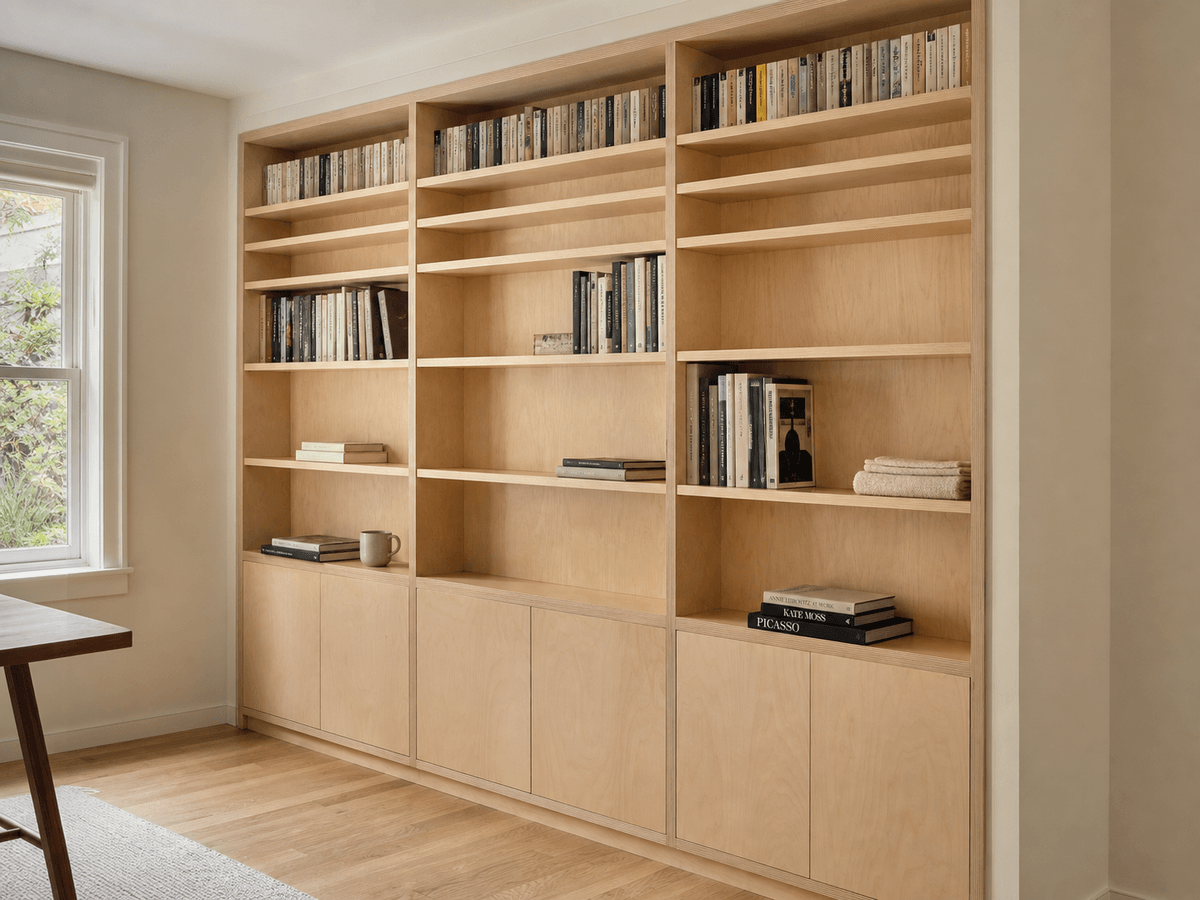 Concept render: floor-to-ceiling birch bookshelf wall