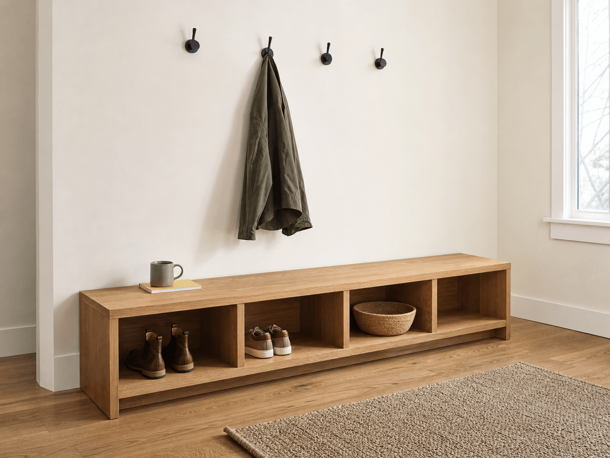 Concept render: oak hallway entry bench with shoe storage and coat hooks