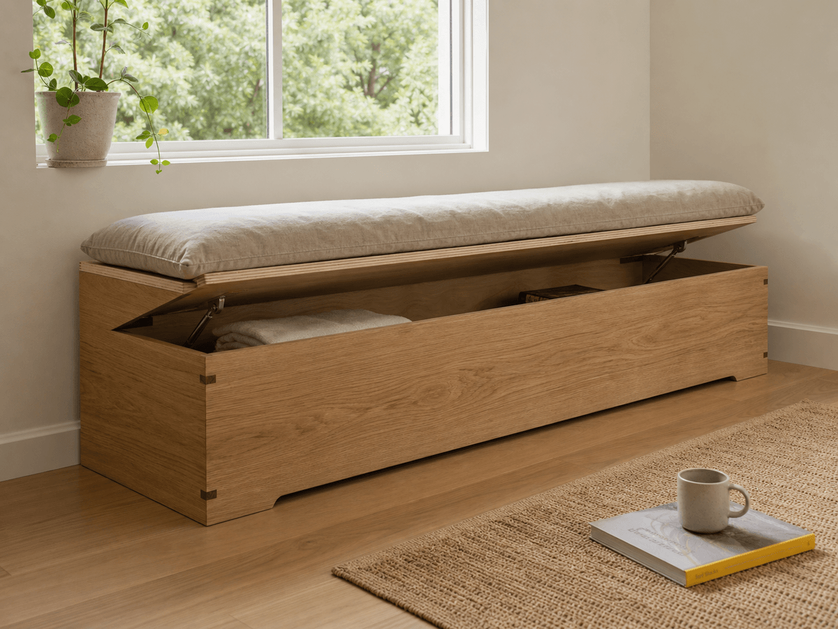 Concept render: low oak window bench with hidden storage