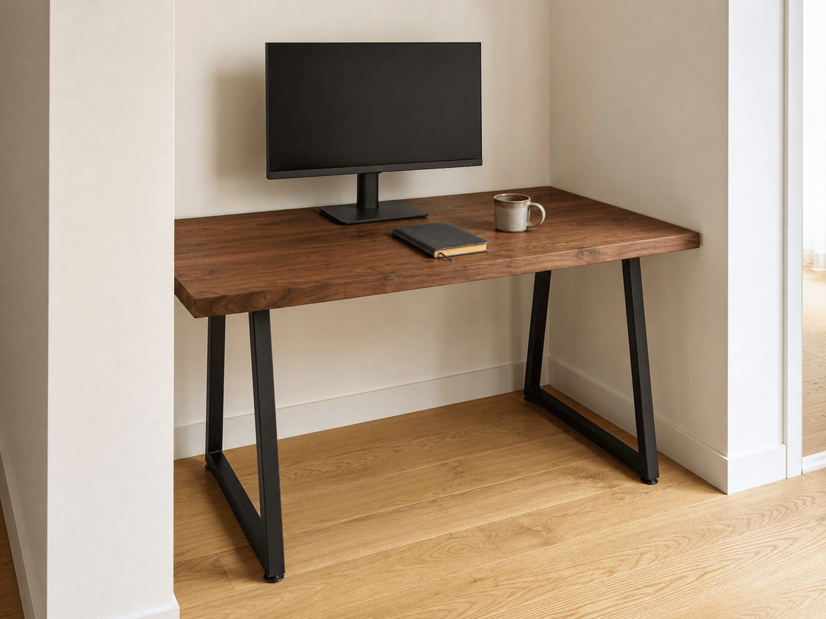 Concept render: walnut desk fitted into a 1.31 m alcove