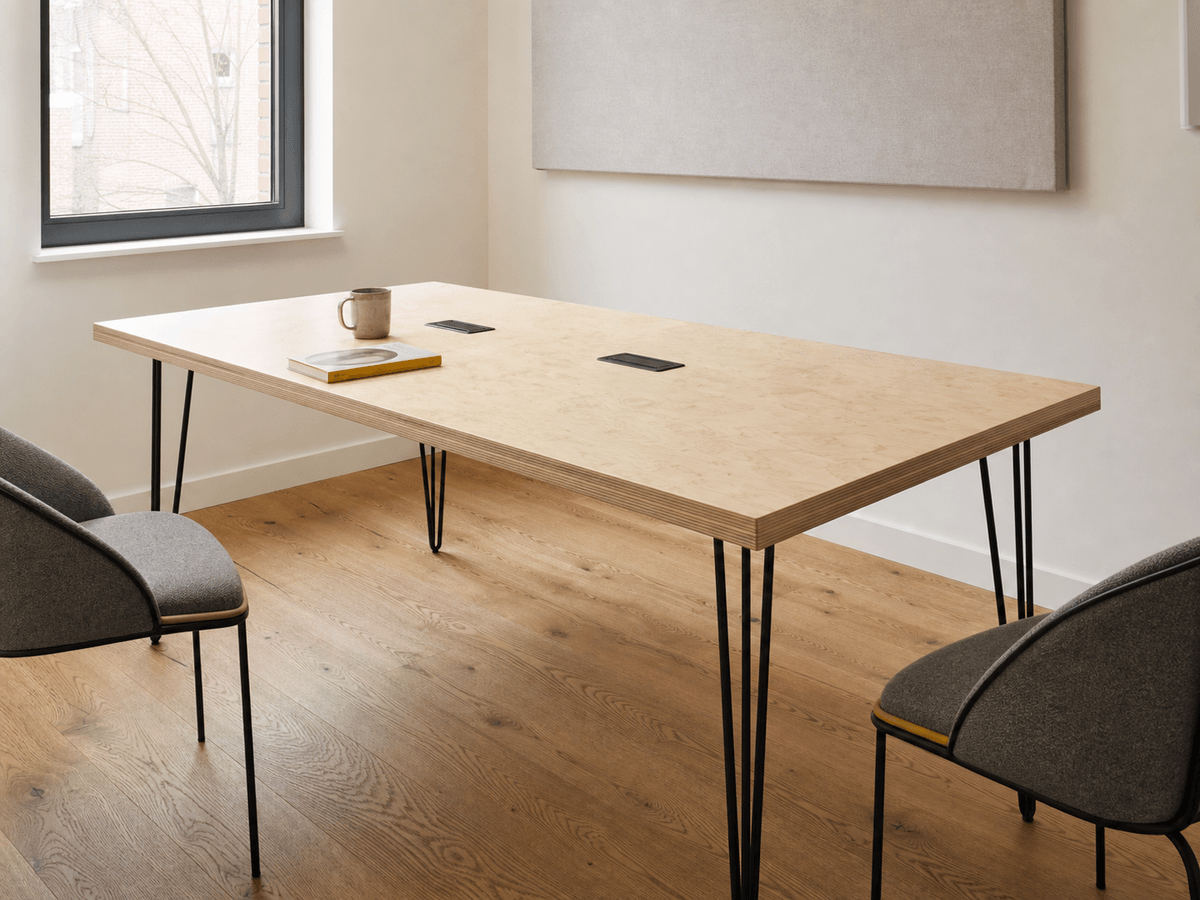 Concept render: small birch huddle-room table on hairpin legs