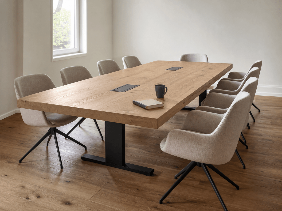 Concept render: solid oak boardroom table for ten with flush power modules