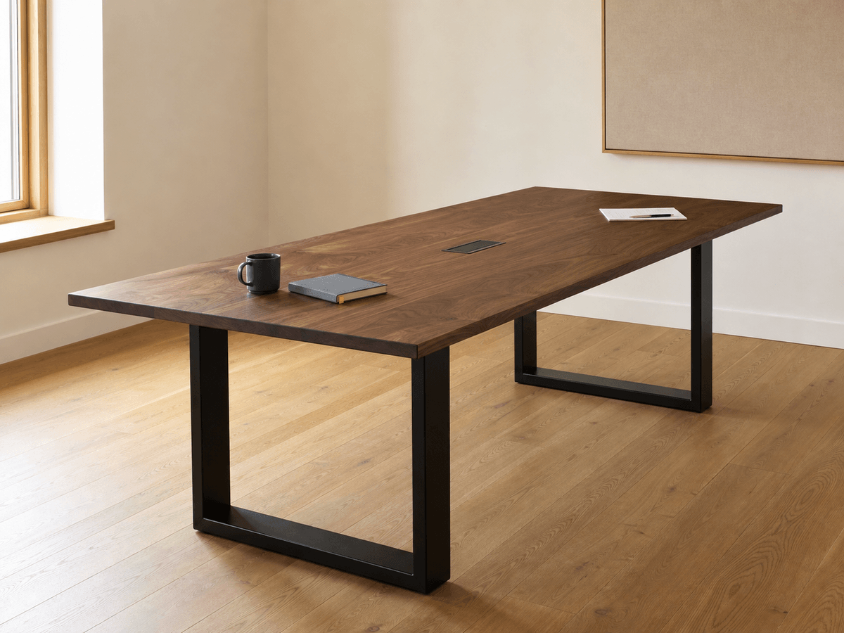 Concept render: walnut meeting-room table with matte-black trestle base