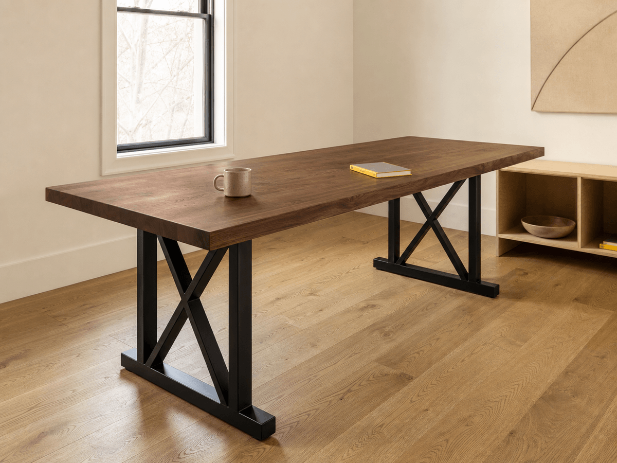 Concept render: walnut standing-height meeting table