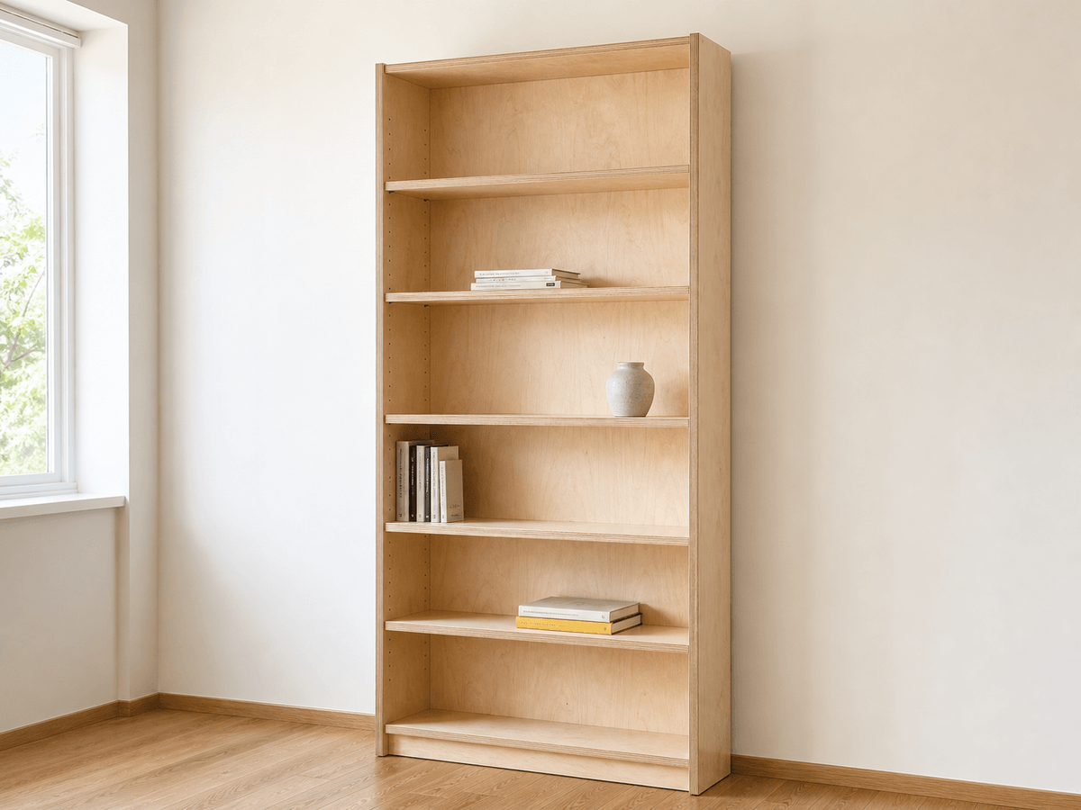 Concept render: pared-back birch ply bookcase