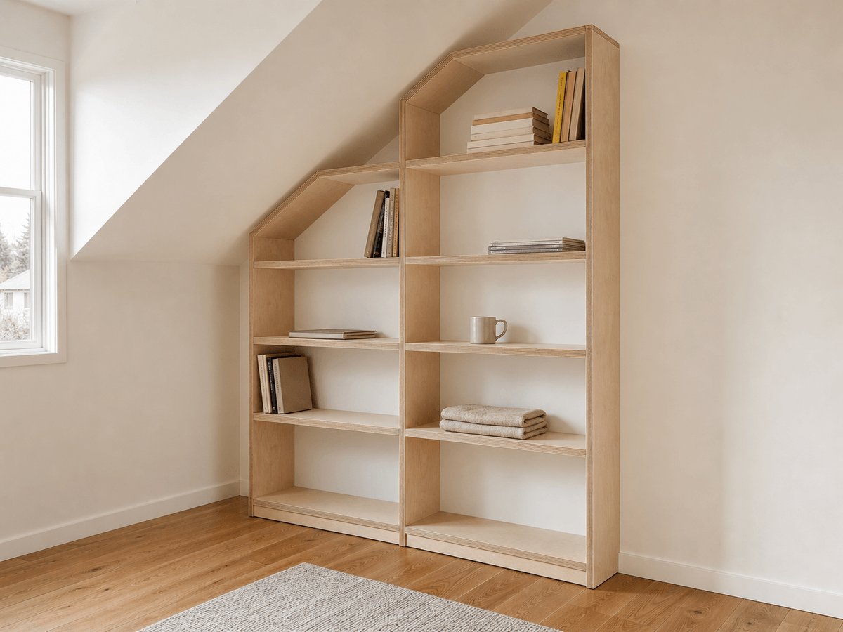 Concept render: birch bookcase stepped under a sloping ceiling
