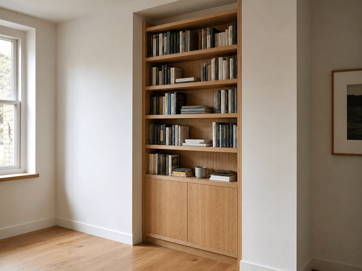 Concept render: floor-to-ceiling oak bookcase in a chimney-breast alcove