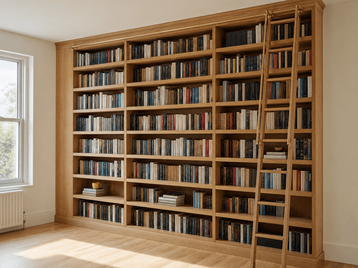 Concept render: wall-to-wall oak library with brass-track rolling ladder