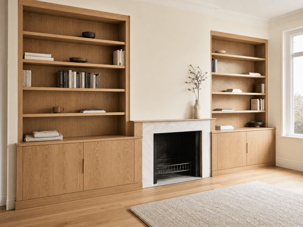Concept render: twin oak alcove bookcases linked across a fireplace