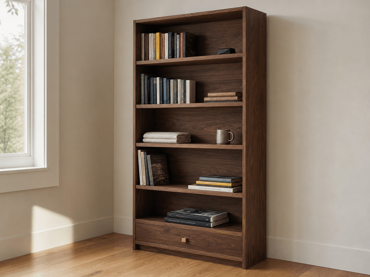 Concept render: walnut bookcase with mixed shelf depths