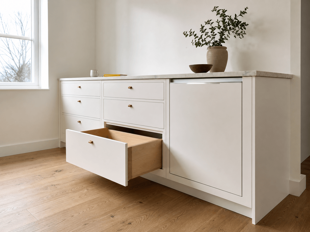 Conceptrender: onderkasten op rij met berken interieur