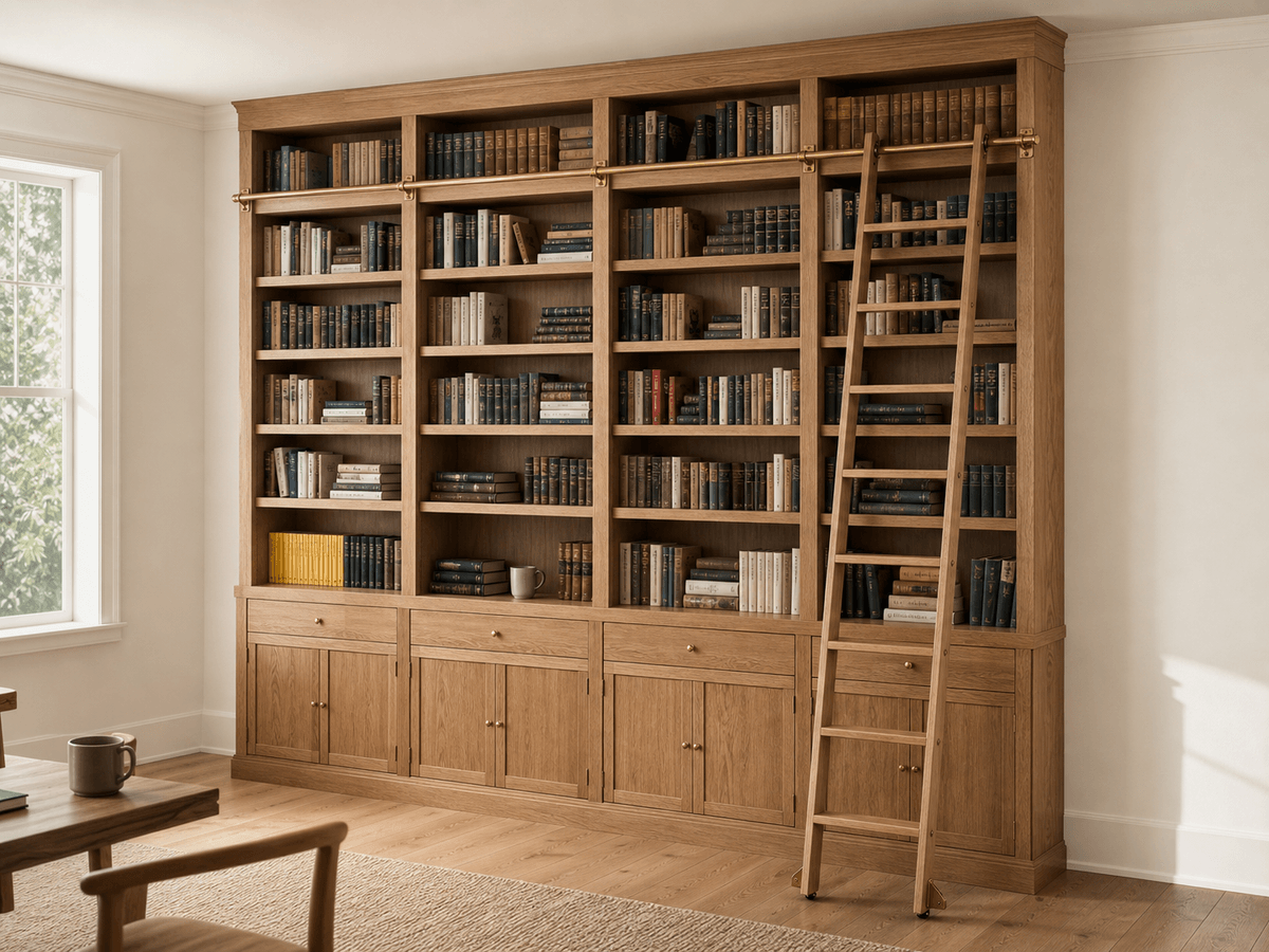 Conceptrender: eiken bibliotheekkast met verrijdbare ladder op messing rail