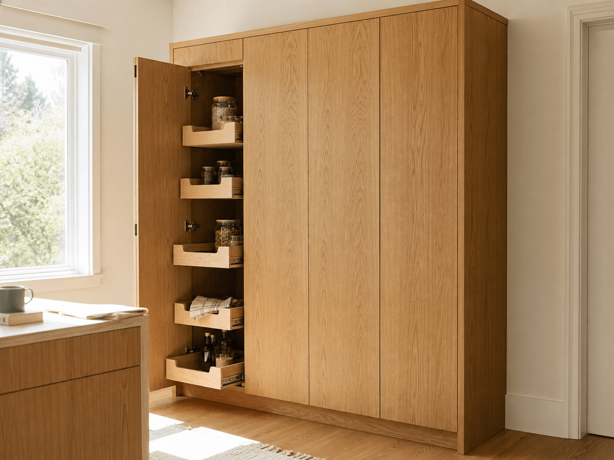 Concept render: fitted oak storage cabinet at 1.84 m