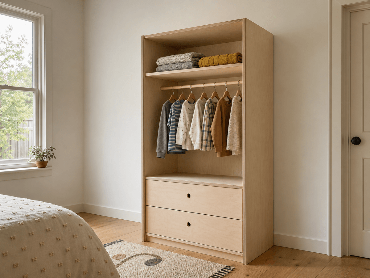 Concept render: birch ply closet sized for a child's bedroom