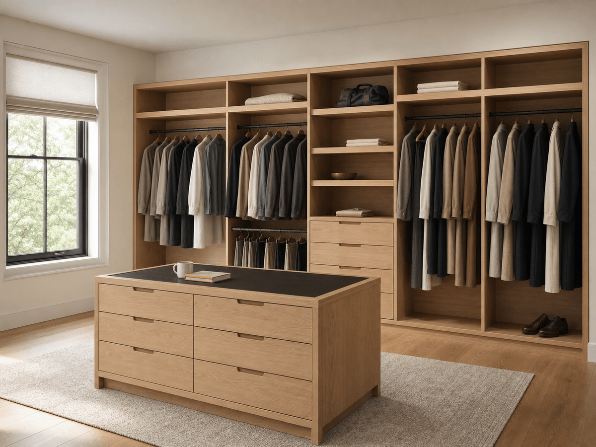 Concept render: primary-suite white oak walk-in closet with island drawer unit