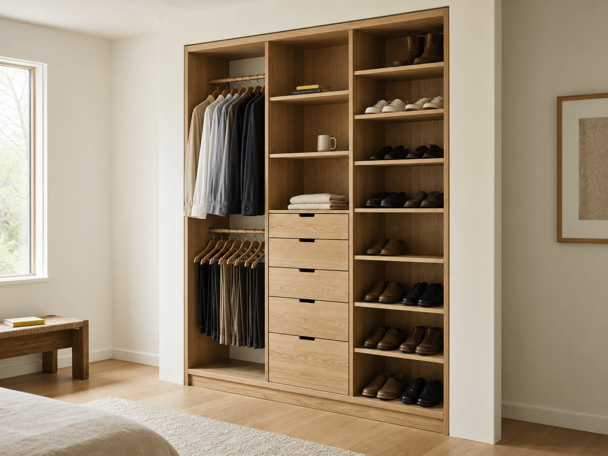 Concept render: white oak reach-in closet with drawer tower and shoe shelves