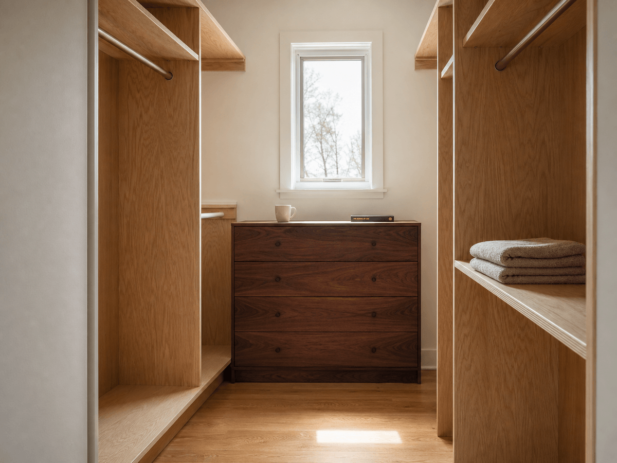 Concept render: painted MDF built-in closet with twin hanging sections