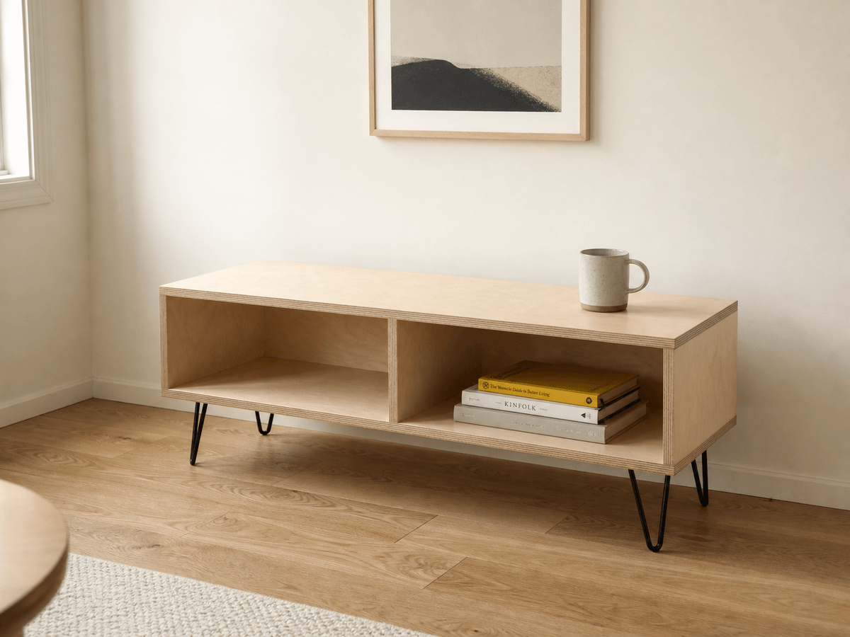 Concept render: minimal birch TV unit on hairpin legs