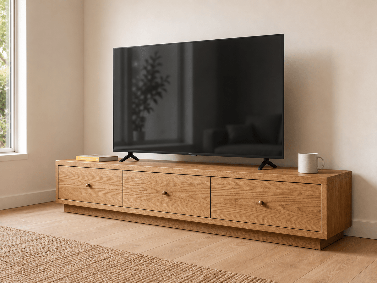 Concept render: long solid-oak TV unit with three drawers
