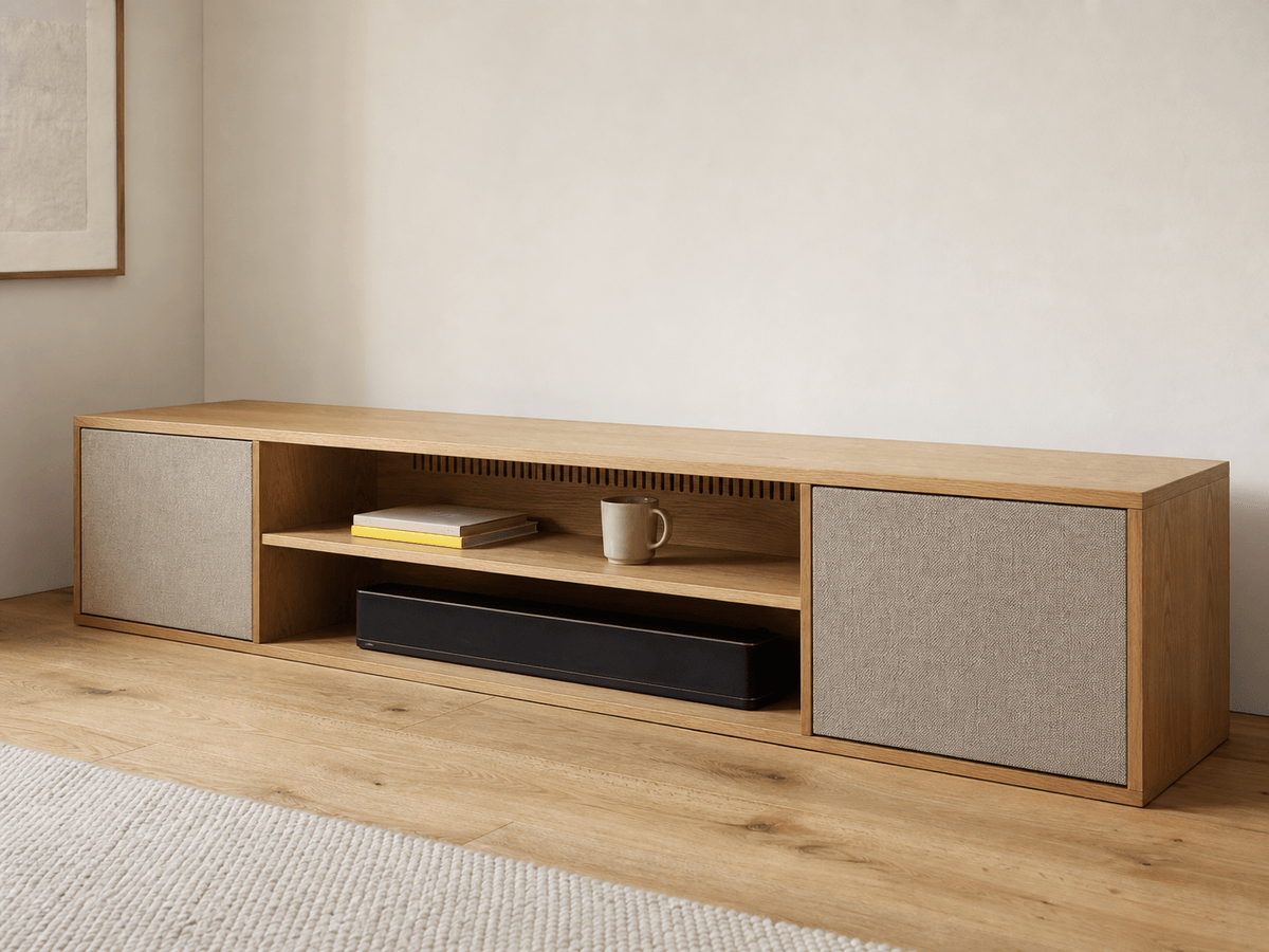 Concept render: oak TV unit with integrated speaker towers
