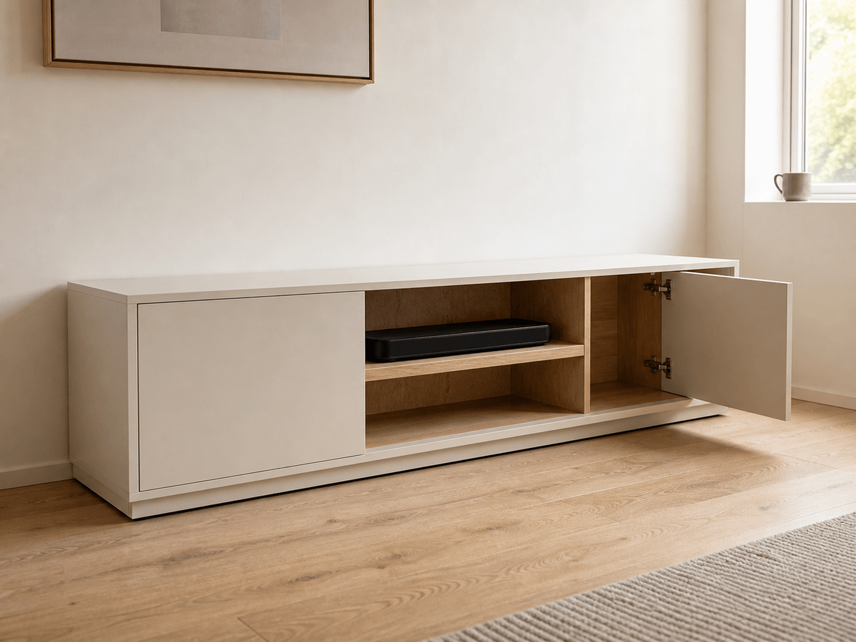Concept render: slim lacquered TV unit fitted into an alcove