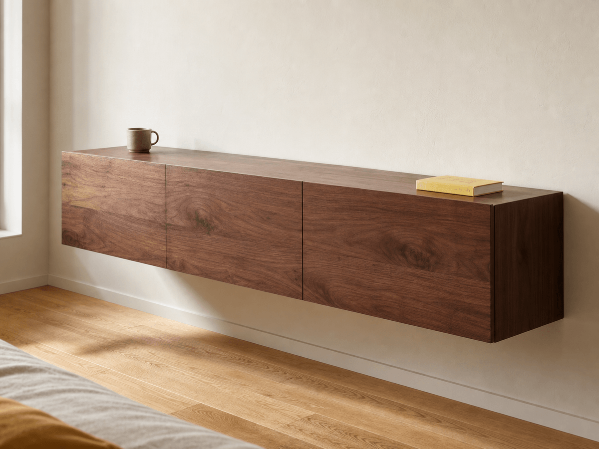 Concept render: wall-mounted walnut TV cabinet with concealed brackets
