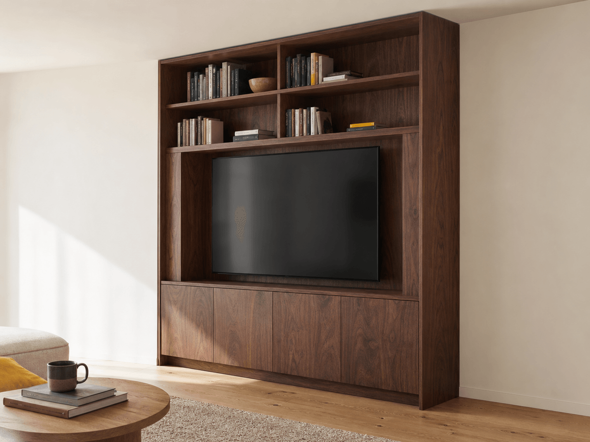 Concept render: floor-to-ceiling walnut media wall