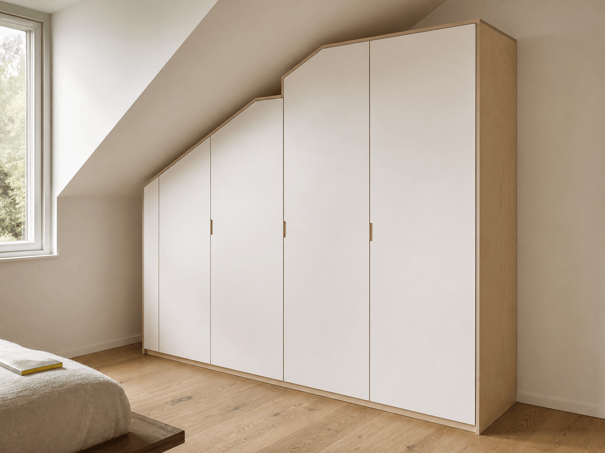 Concept render: birch wardrobe under a 38° sloping eave