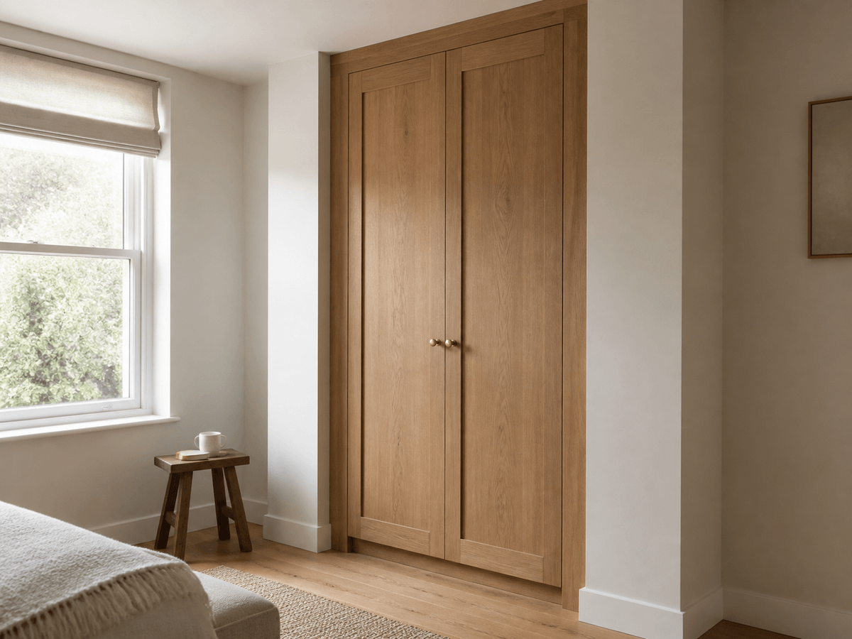 Concept render: oak alcove wardrobe with hinged doors